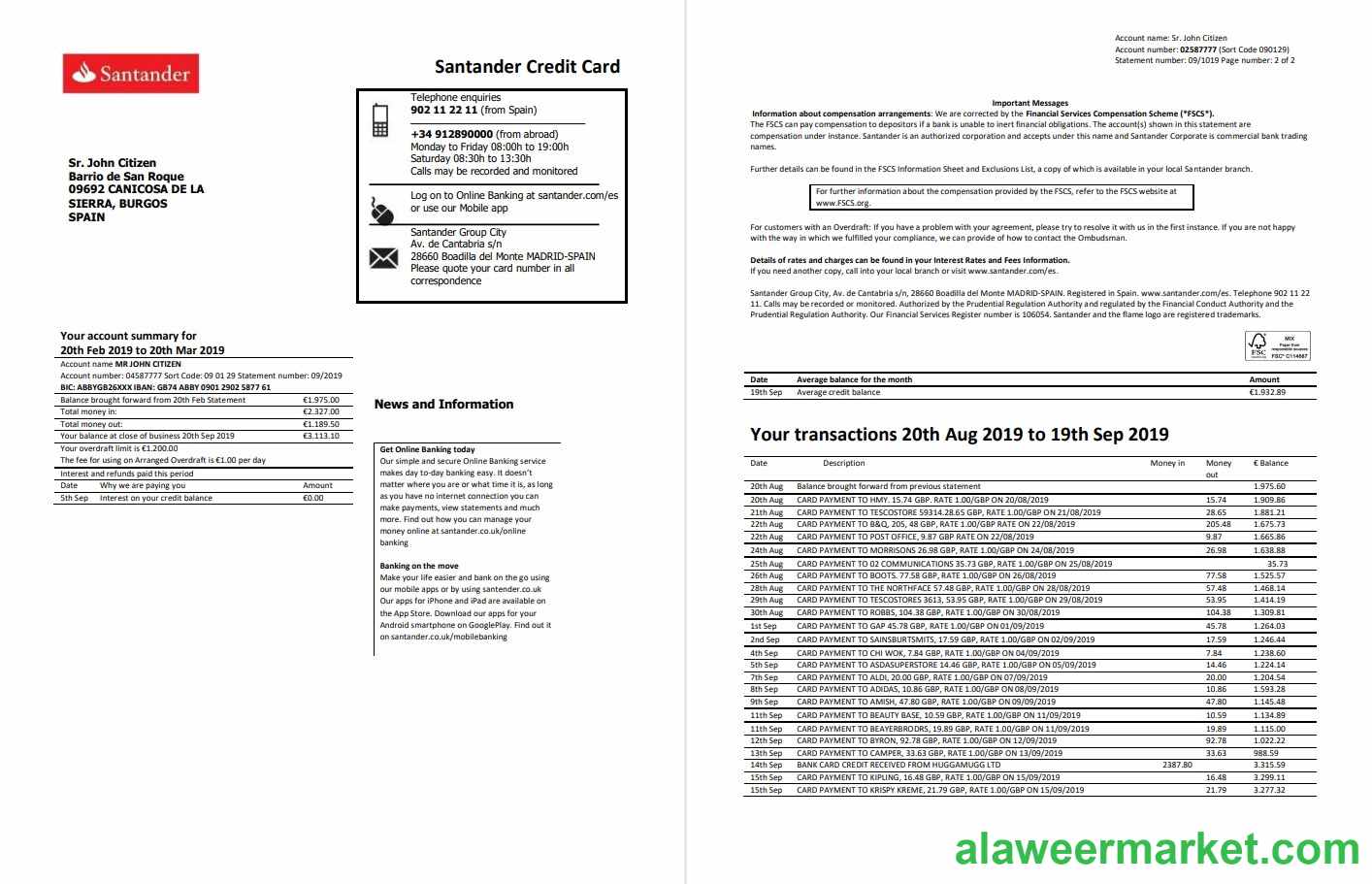 Spain Santander credit card statement template, Word and PDF format (.doc and .pdf), 2 pages